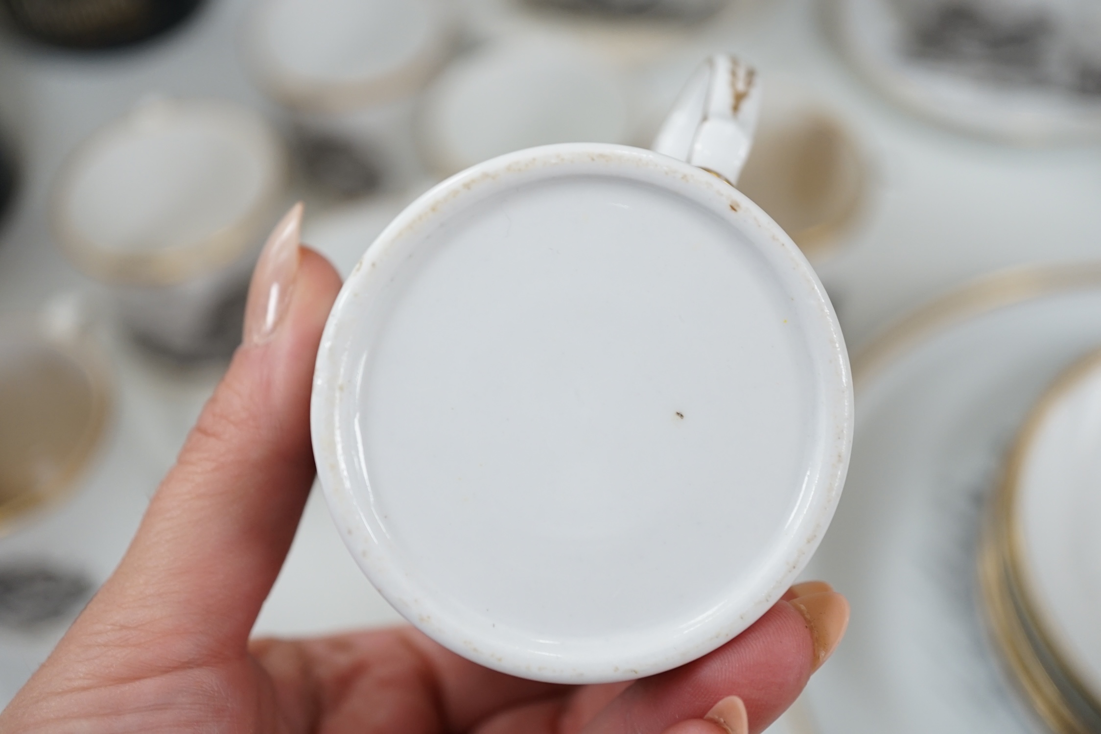 A Spode bat printed part tea / coffee set, c.1802, including pattern 557, largest 26cm wide. Condition - varies, poor to fair